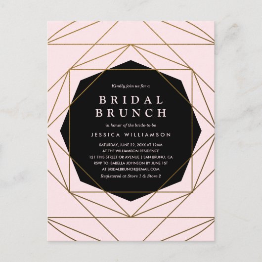 Moderne Geometrische Gouden, Blush & Zwarte Bruids Uitnodiging Briefkaart (Voorkant)