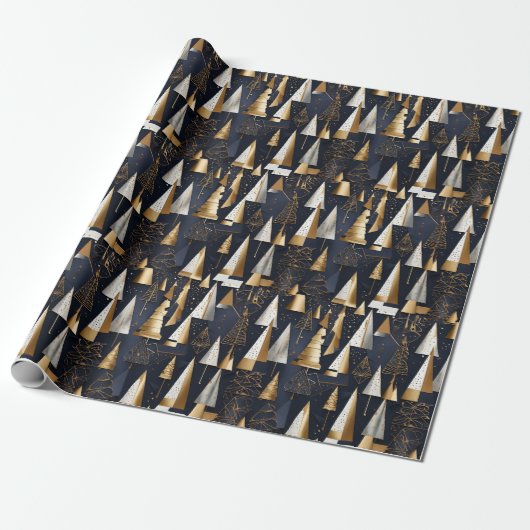 Moderne geometrische gouden kerstbomen cadeaupapier (Uitgerold)