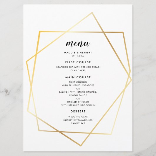 Moderne geometrische gouden lijst bruiloft menu (Voorkant)