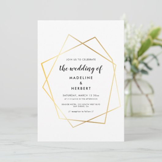 Moderne geometrische gouden lijst bruiloft uitnodi save the date (Staand voorkant)