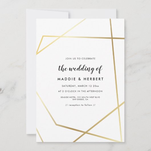 Moderne geometrische gouden lijst bruiloft uitnodi save the date (Voorkant)