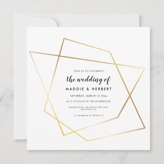 Moderne geometrische gouden lijst bruiloft uitnodi save the date (Voorkant)