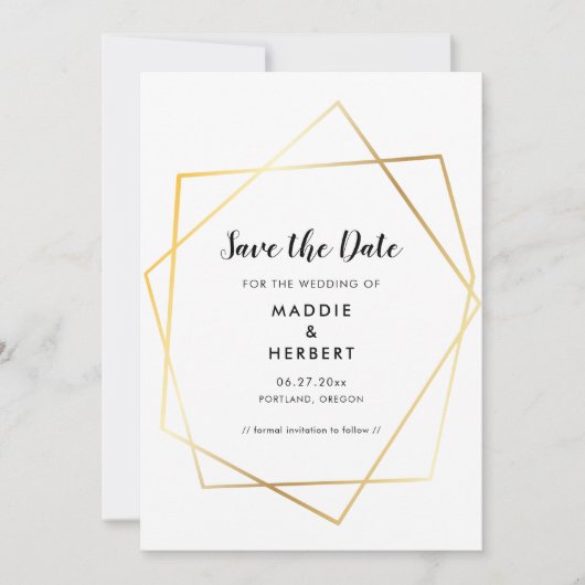 Moderne geometrische gouden lijst save the date (Voorkant)