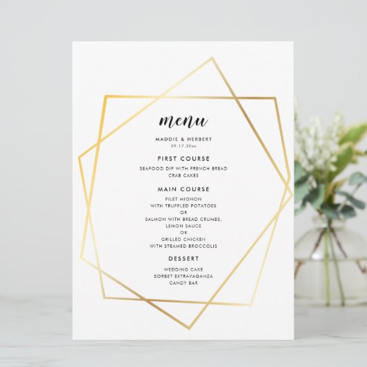 Moderne geometrische gouden lijsten bruiloft menu (Staand voorkant)