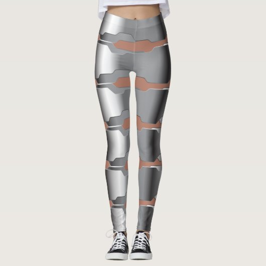 Moderne geometrische grijs & huid roze metallic te leggings (Voorkant)
