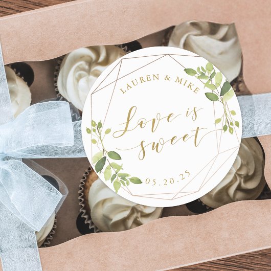 Moderne geometrische groen liefde is zoete bruilof ronde sticker