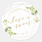 Moderne geometrische groen liefde is zoete bruilof ronde sticker (Voorkant)
