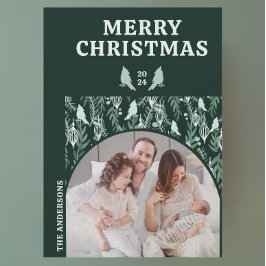 Moderne geometrische groenblijvende vogel feestdagenkaart