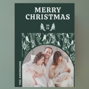 Moderne geometrische groenblijvende vogel feestdagenkaart