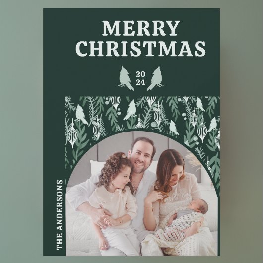 Moderne geometrische groenblijvende vogel feestdagenkaart