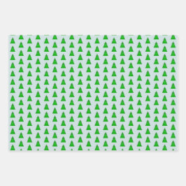 Moderne geometrische kerstbomen op groen op blauw inpakpapier vel