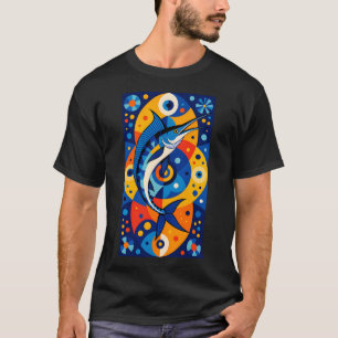 Moderne geometrische kleurrijke blauwe marlijn t-shirt