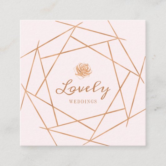 Moderne Geometrische Koper & Bloemen Roos bruiloft Vierkante Visitekaartje (Voorkant)
