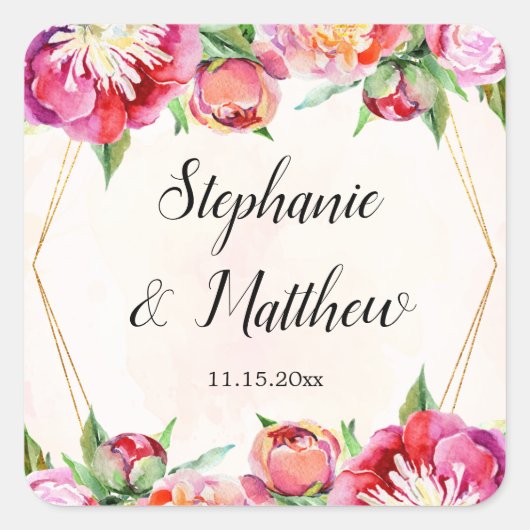 Moderne geometrische koraal pioen bloemenbruiloft vierkante sticker (Voorkant)