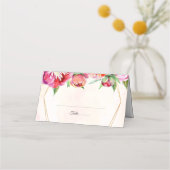 Moderne geometrische koraal pioenen bloemenbruilof plaatskaartje (Voorkant)