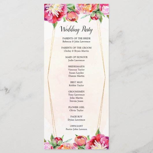 Moderne geometrische koraal rode pioen bruiloft ce programmakaart (Achterkant)