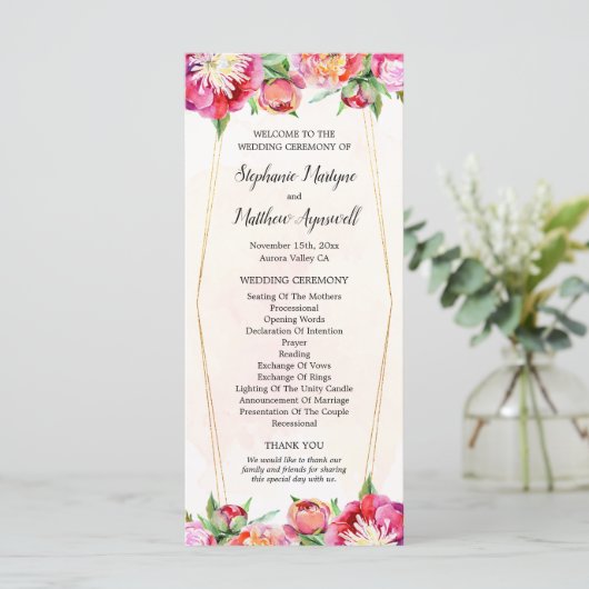 Moderne geometrische koraal rode pioen bruiloft ce programmakaart (Staand voorkant)