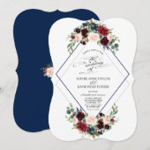 Moderne geometrische marine-rode bloemige trouw- kaart (Voorkant / Achterkant)