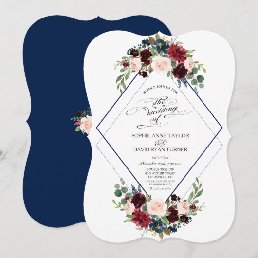 Moderne geometrische marine-rode bloemige trouw- kaart (Voorkant / Achterkant)