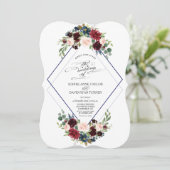 Moderne geometrische marine-rode bloemige trouw- kaart (Staand voorkant)