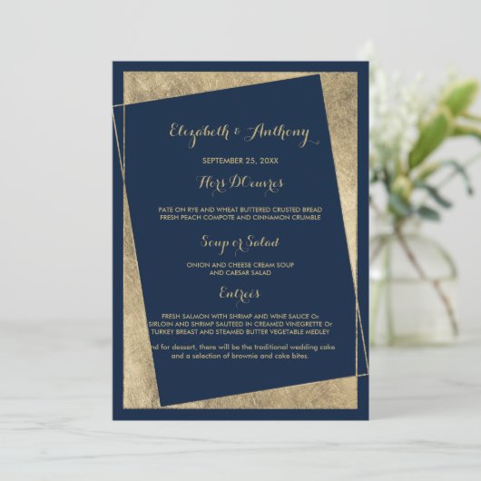 Moderne geometrische marineblauw gouden bruiloft menu (Staand voorkant)