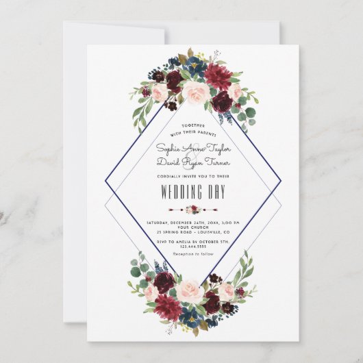 Moderne Geometrische Merlot Navy Blauwe Bloemige B Kaart (Voorkant)