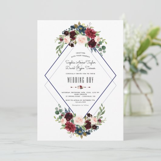 Moderne Geometrische Merlot Navy Blauwe Bloemige B Kaart (Staand voorkant)