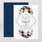 Moderne Geometrische Merlot Navy Blauwe Bloemige B Kaart (Voorkant / Achterkant)