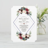 Moderne geometrische Merlot Navy bloemrijke bruilo Kaart (Staand voorkant)