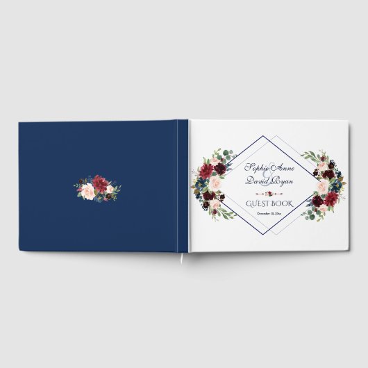 Moderne geometrische Merlot-navyblauwe bloemige br Gastenboek (Volledig)
