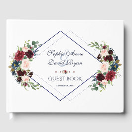 Moderne geometrische Merlot-navyblauwe bloemige br Gastenboek