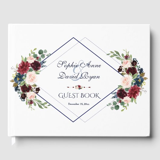 Moderne geometrische Merlot-navyblauwe bloemige br Gastenboek (Voorkant)