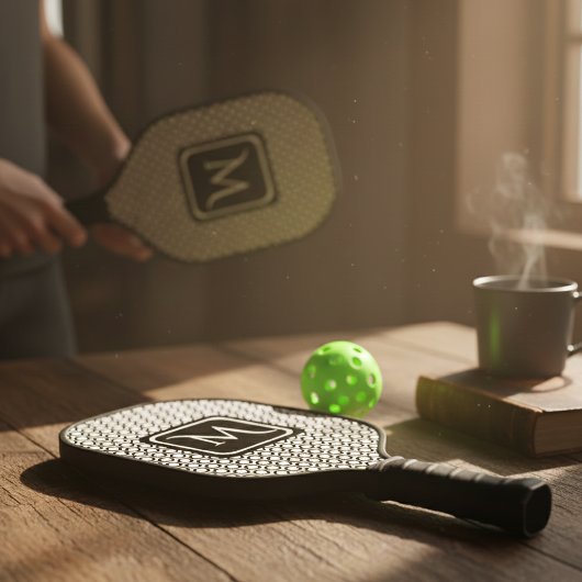 Moderne Geometrische Monogram Zwart Wit Pickleball Paddle