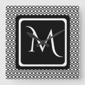 Moderne Geometrische Monogram Zwart Wit Vierkante Klok (Voorkant)