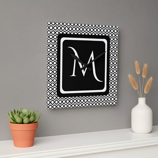 Moderne Geometrische Monogram Zwart Wit Vierkante Klok