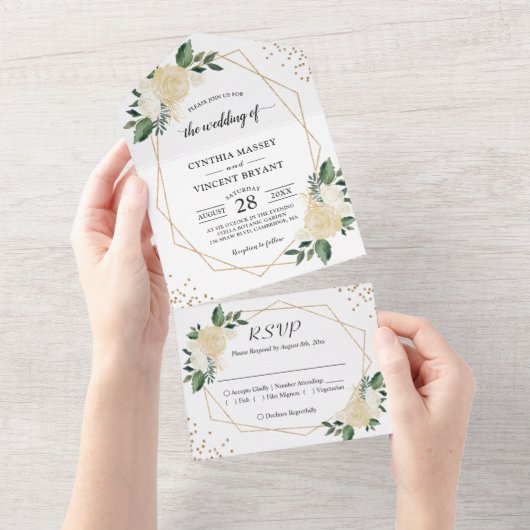 Moderne Geometrische Natuur Groene gouden bruiloft All In One Uitnodiging (Afscheurbaar)
