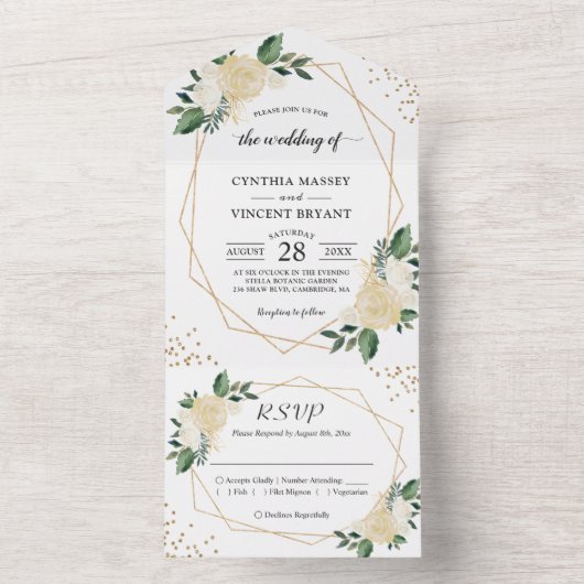 Moderne Geometrische Natuur Groene gouden bruiloft All In One Uitnodiging (Binnen)