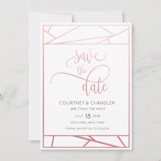 Moderne Geometrische Nep Roze Gouden Bewaar de Dat Save The Date (Voorkant)