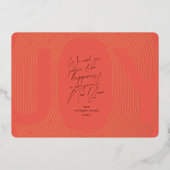 Moderne geometrische ovale boog vreugde rood en go folie feestdagenkaart (Voorkant)