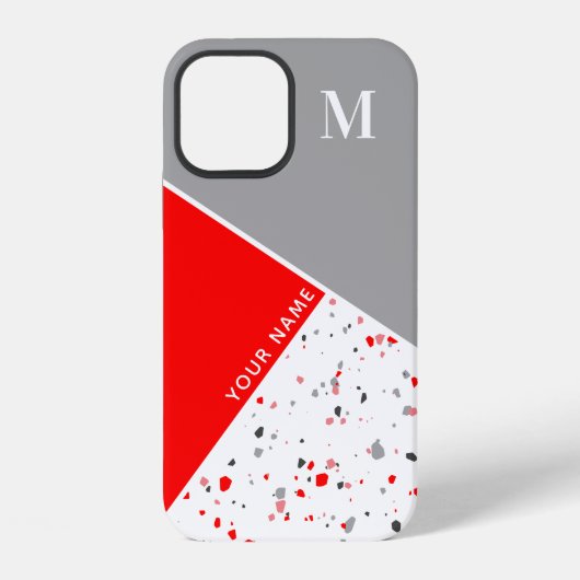 Moderne Geometrische Rode Grijze Terrazzo Monogram iPhone Hoesje (Achterkant)