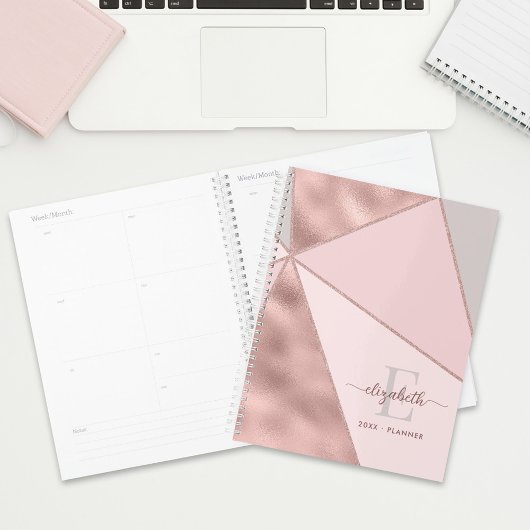 Moderne geometrische Roos Gold Blush Gray Monogram Planner
