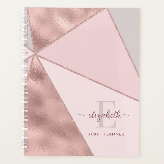 Moderne geometrische Roos Gold Blush Gray Monogram Planner (Voorkant)