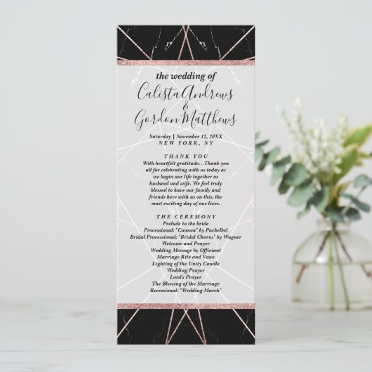 Moderne geometrische Roos gouden marmeren driehoek Programmakaart (Staand voorkant)