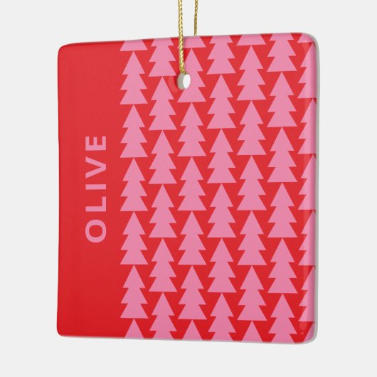 Moderne geometrische roze rode kerstboom grafisch keramisch ornament (Links)