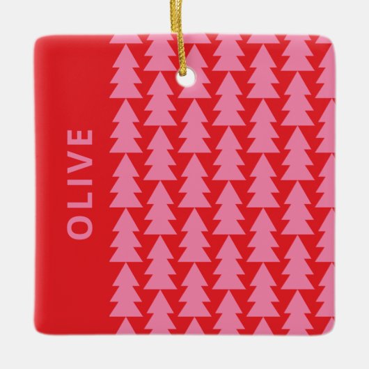 Moderne geometrische roze rode kerstboom grafisch keramisch ornament (Voorkant)