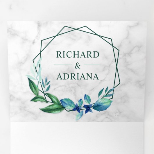 Moderne geometrische smaragd groen blad krans brui drieluik uitnodiging (Binnenzijde eerst)