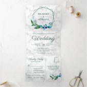 Moderne geometrische smaragd groen blad krans brui drieluik uitnodiging (Binnen)