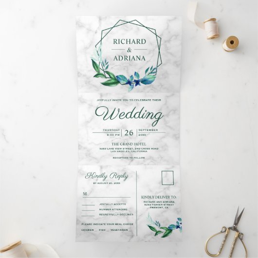 Moderne geometrische smaragd groen blad krans brui drieluik uitnodiging (Binnen)