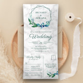 Moderne geometrische smaragd groen blad krans brui drieluik uitnodiging