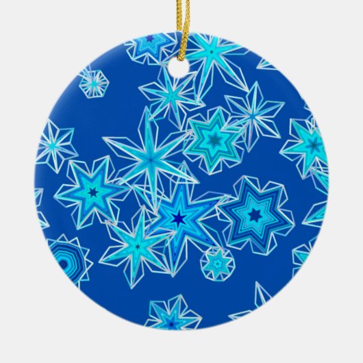 Moderne geometrische sneeuwvlokken, saffierblauw keramisch ornament (Voorkant)